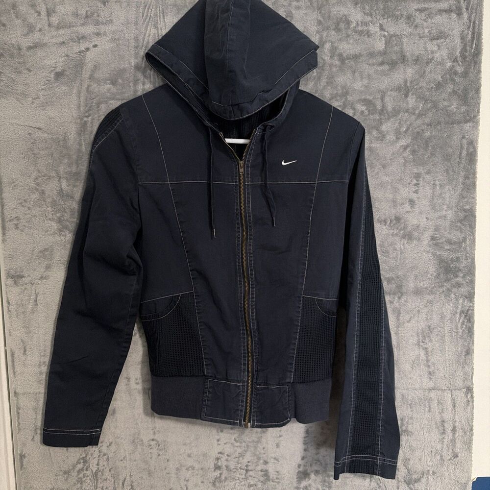 Y2K Nike Women's M 8-10 Navy Mesh Windbreaker Zip Hoodie Jacket Cotton Swoosh